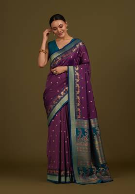 Dark purple banarasi silk blend saree with paisley zari pallu 2