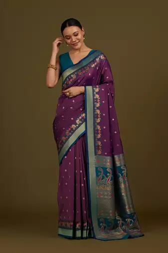 Dark purple banarasi silk blend saree with paisley zari pallu