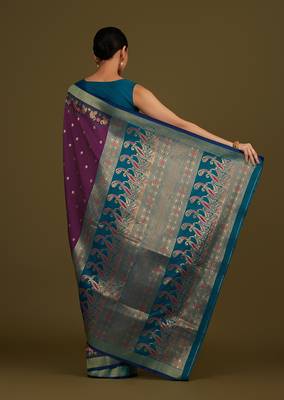 Dark purple banarasi silk blend saree with paisley zari pallu 3