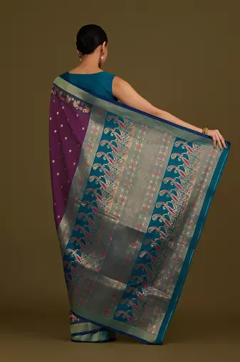 Dark purple banarasi silk blend saree with paisley zari pallu