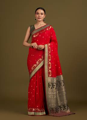 Red banarasi silk blend saree in with paisley zari pallu 1