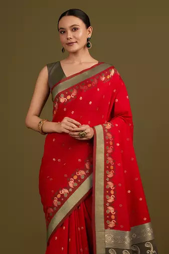 Red banarasi silk blend saree in with paisley zari pallu