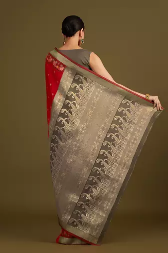 Red banarasi silk blend saree in with paisley zari pallu