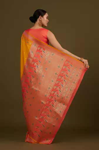 Yellow banarasi silk blend saree with paisley zari pallu