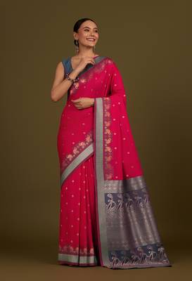 Pink banarasi silk blend saree with paisley zari pallu & unstitched blouse 1