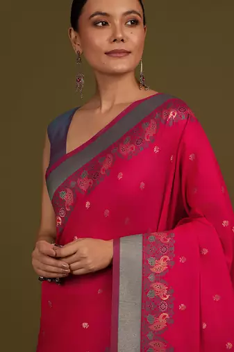 Pink banarasi silk blend saree with paisley zari pallu & unstitched blouse