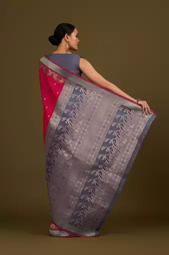 Pink banarasi silk blend saree with paisley zari pallu & unstitched blouse