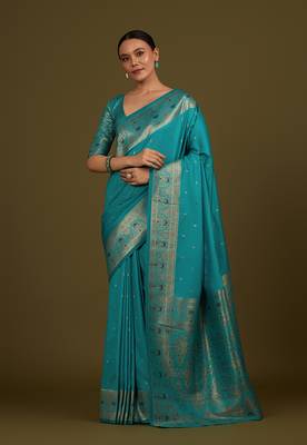 Cyan banarasi silk blend zari woven saree 1