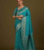 Cyan banarasi silk blend zari woven saree