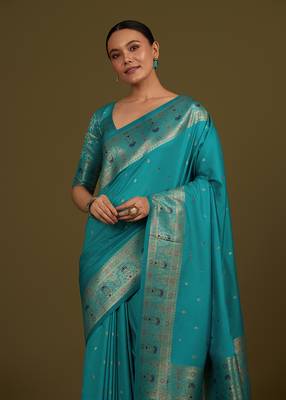 Cyan banarasi silk blend zari woven saree 2