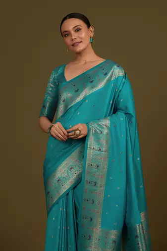 Cyan banarasi silk blend zari woven saree