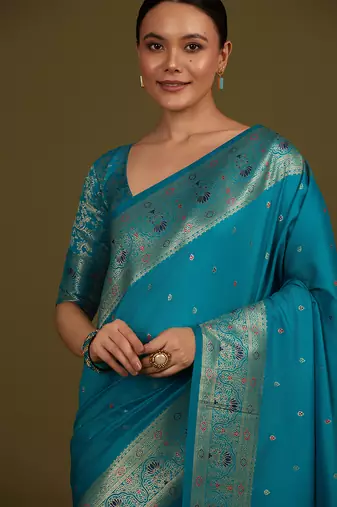 Cyan banarasi silk blend zari woven saree