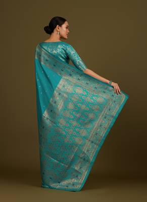 Cyan banarasi silk blend zari woven saree 4