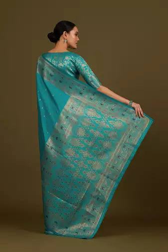 Cyan banarasi silk blend zari woven saree