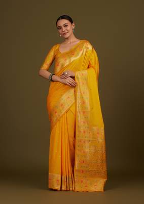 Yellow banarasi silk blend zari woven saree 1