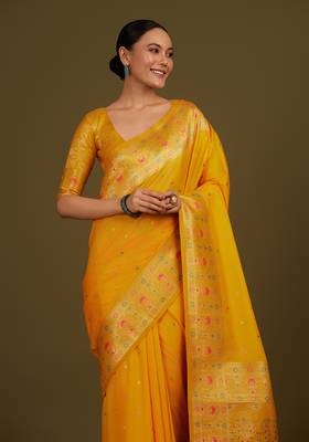 Yellow banarasi silk blend zari woven saree 2