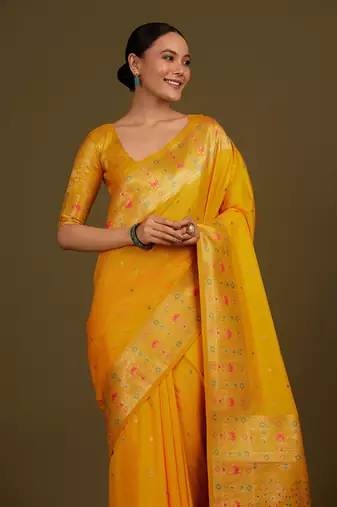 Yellow banarasi silk blend zari woven saree