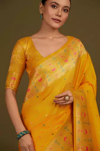 Yellow banarasi silk blend zari woven saree