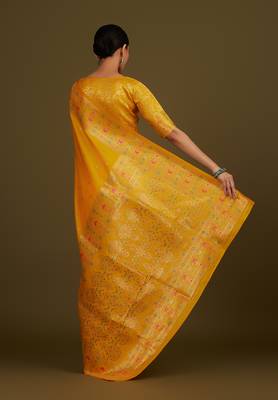 Yellow banarasi silk blend zari woven saree 4