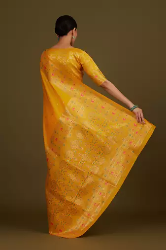 Yellow banarasi silk blend zari woven saree