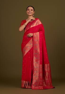 Hot pink banarasi silk blend zari woven saree 1