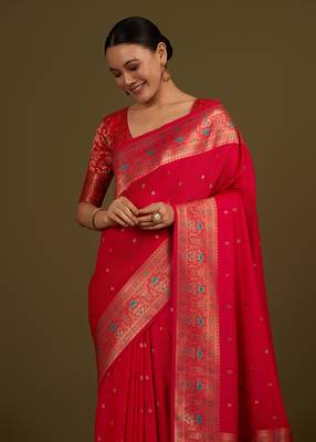 Hot pink banarasi silk blend zari woven saree 2