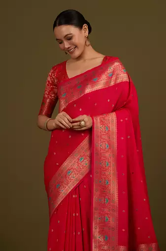 Hot pink banarasi silk blend zari woven saree