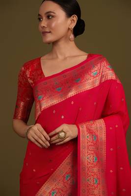 Hot pink banarasi silk blend zari woven saree 3