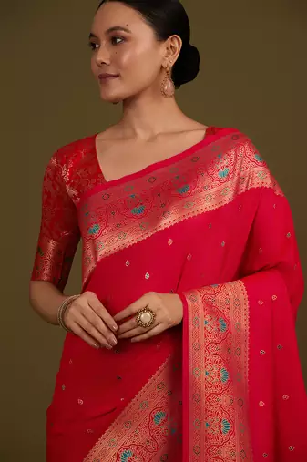 Hot pink banarasi silk blend zari woven saree