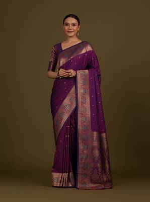 Dark purple banarasi silk blend zari woven saree 1
