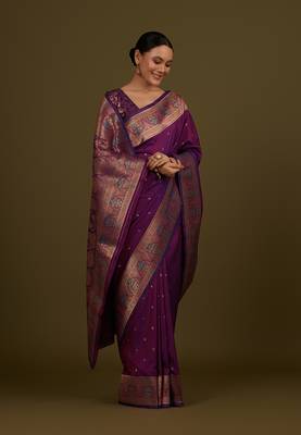 Dark purple banarasi silk blend zari woven saree 2