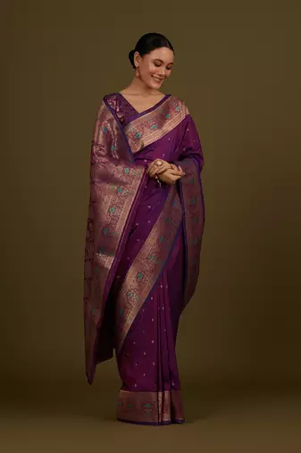 Dark purple banarasi silk blend zari woven saree