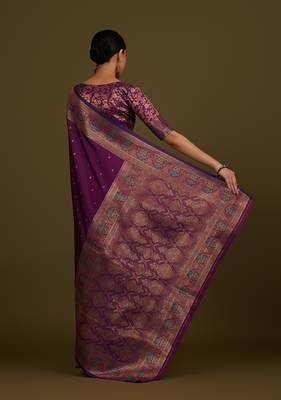 Dark purple banarasi silk blend zari woven saree 3