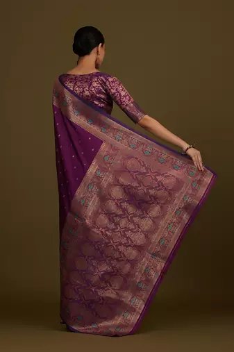 Dark purple banarasi silk blend zari woven saree