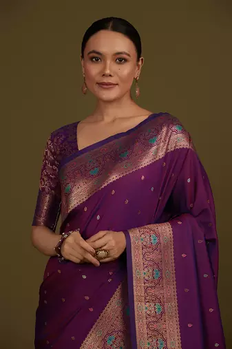 Dark purple banarasi silk blend zari woven saree