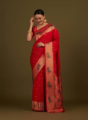 Red woven silk blend saree with floral motifs zari work 1