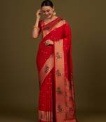 Red woven silk blend saree with floral motifs zari work & unstitched blouse piece