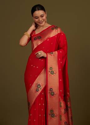 Red woven silk blend saree with floral motifs zari work 2