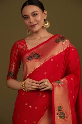 Red woven silk blend saree with floral motifs zari work 3