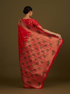Red woven silk blend saree with floral motifs zari work 4