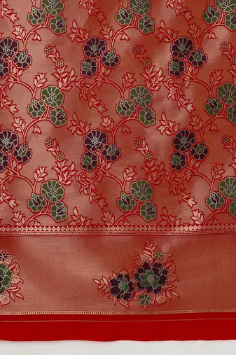Red woven silk blend saree with floral motifs zari work