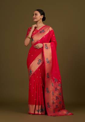 Pink woven silk blend saree with floral motifs zari work 1