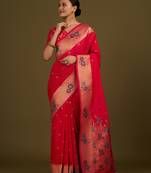 Pink woven silk blend saree with floral motifs zari work & unstitched blouse piece