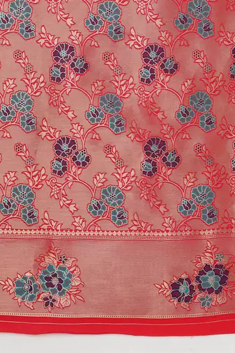 Pink woven silk blend saree with floral motifs zari work