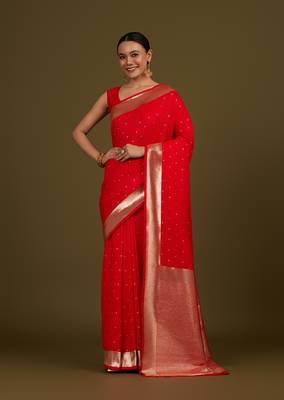 Red woven silk blend saree with floral motifs zari work 1