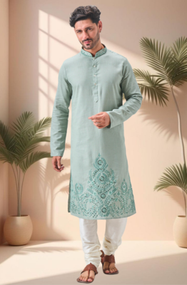Green linen embroidery mirror work kurta pajama set 1