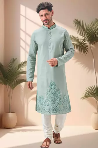 Green linen embroidery mirror work kurta pajama set
