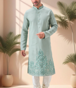 Green linen embroidery mirror work kurta pajama set