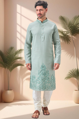 Green linen embroidery mirror work kurta pajama set 2