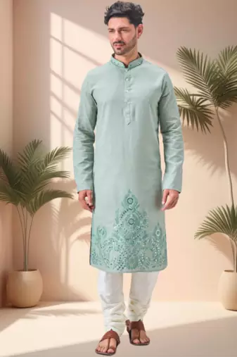 Green linen embroidery mirror work kurta pajama set
